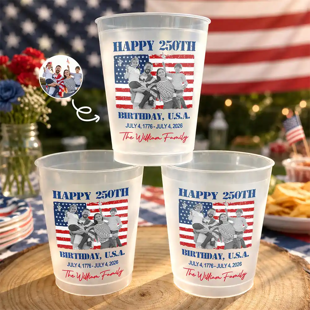 Custom Photo & Family Name Happy 250th Birthday USA - Personalized Frosted Cups