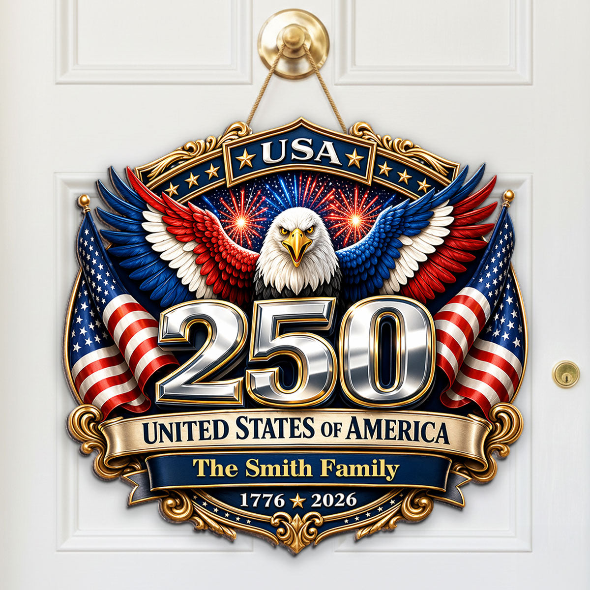 America 250th Anniversary Patriotic Eagle Personalized Wooden Sign, Family Decoration