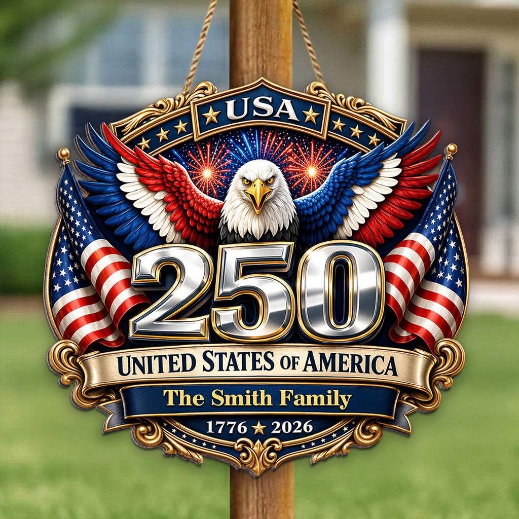 America 250th Anniversary Patriotic Eagle Personalized Wooden Sign, Family Decoration