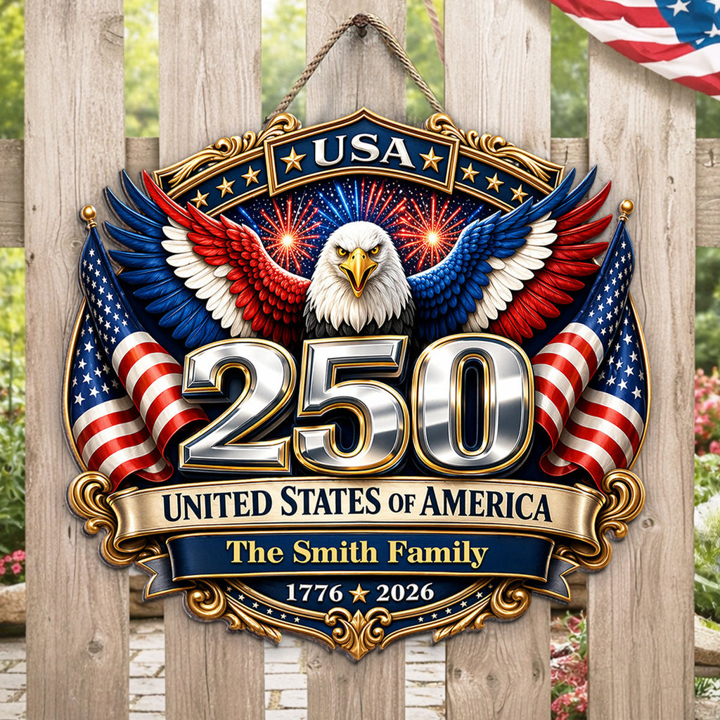 America 250th Anniversary Patriotic Eagle Personalized Wooden Sign, Family Decoration