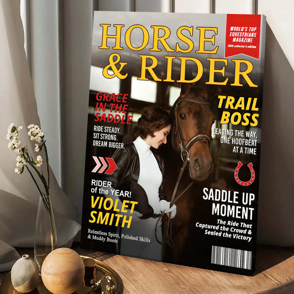 Custom Horse and Rider Magazine Cover, Equestrian Gift for Horse Lovers, Birthday Keepsake Personalized Horse Gift, Custom Equestrian Magazine Cover