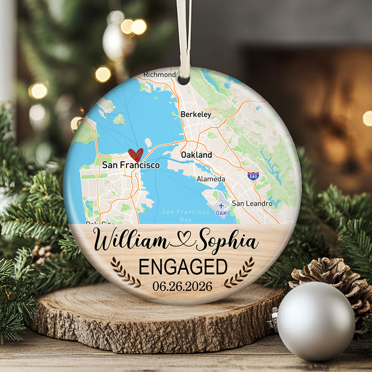 Engagement Ornament - Custom Photo, Location & Map Personalized Ceramic Ornament