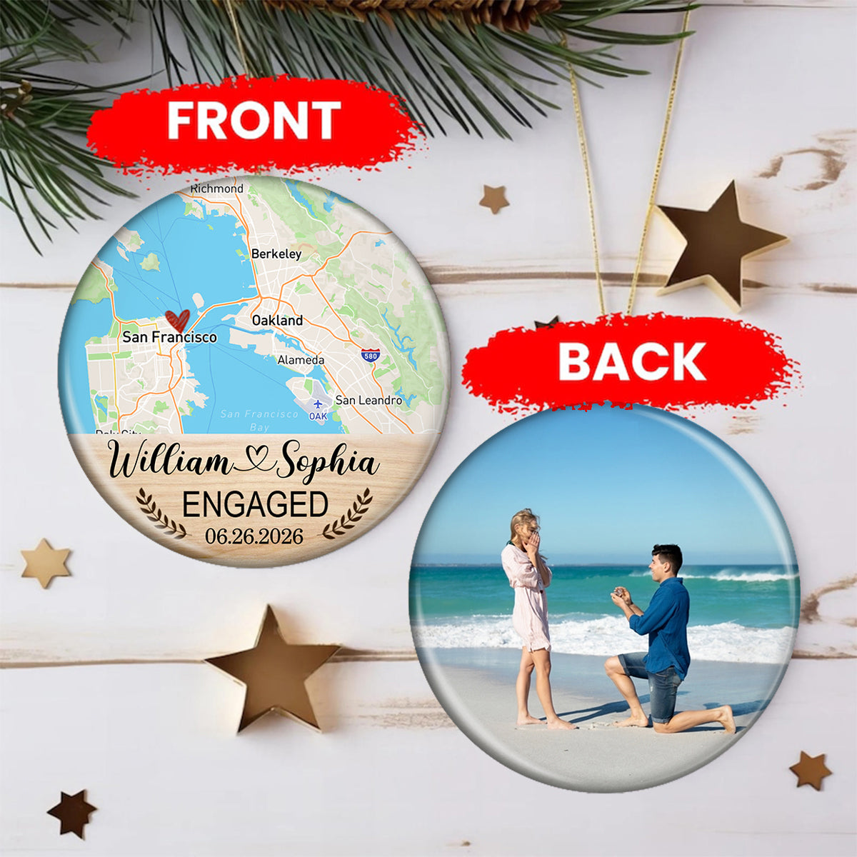 Engagement Ornament - Custom Photo, Location & Map Personalized Ceramic Ornament