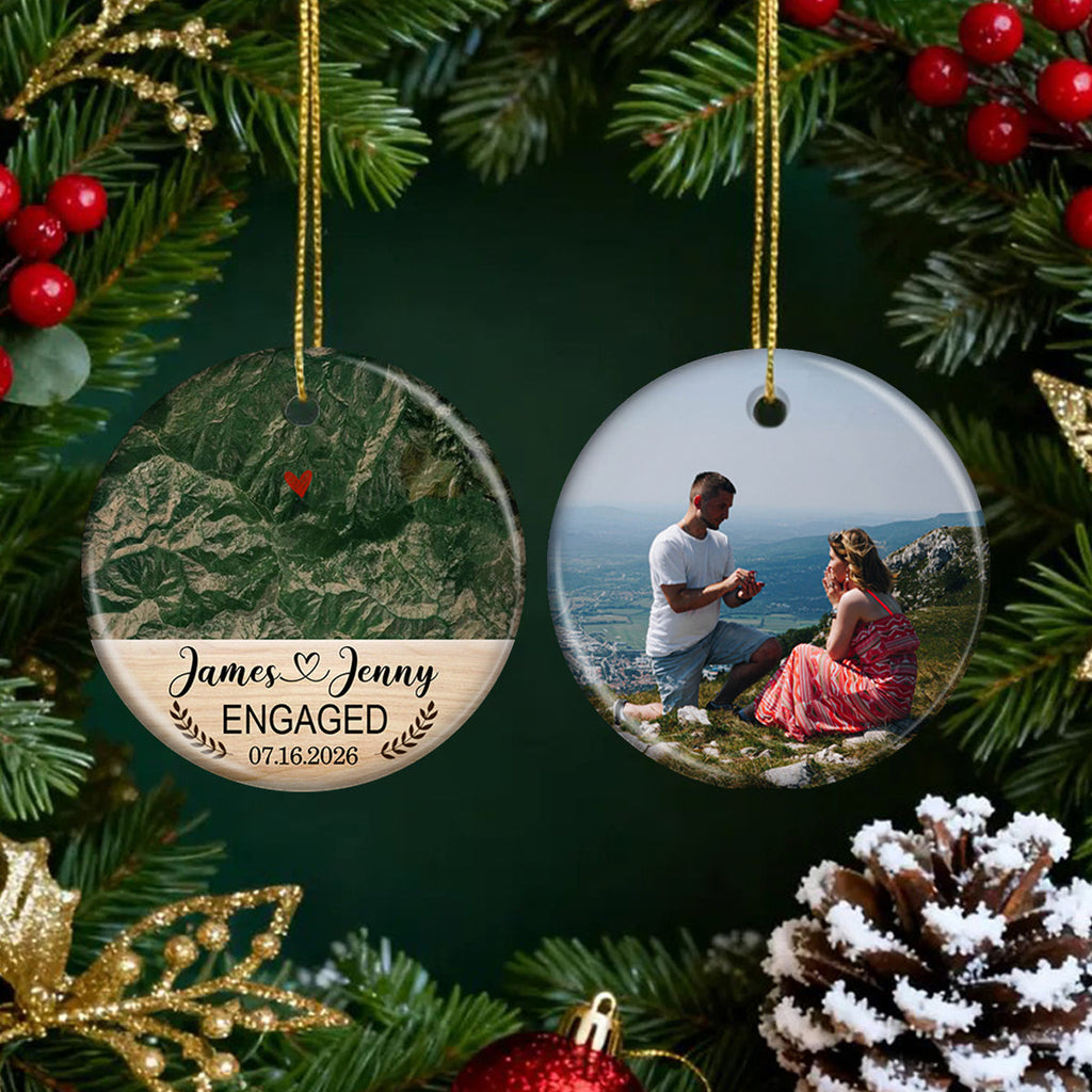 Engagement Ornament - Custom Photo, Location & Map Personalized Ceramic Ornament