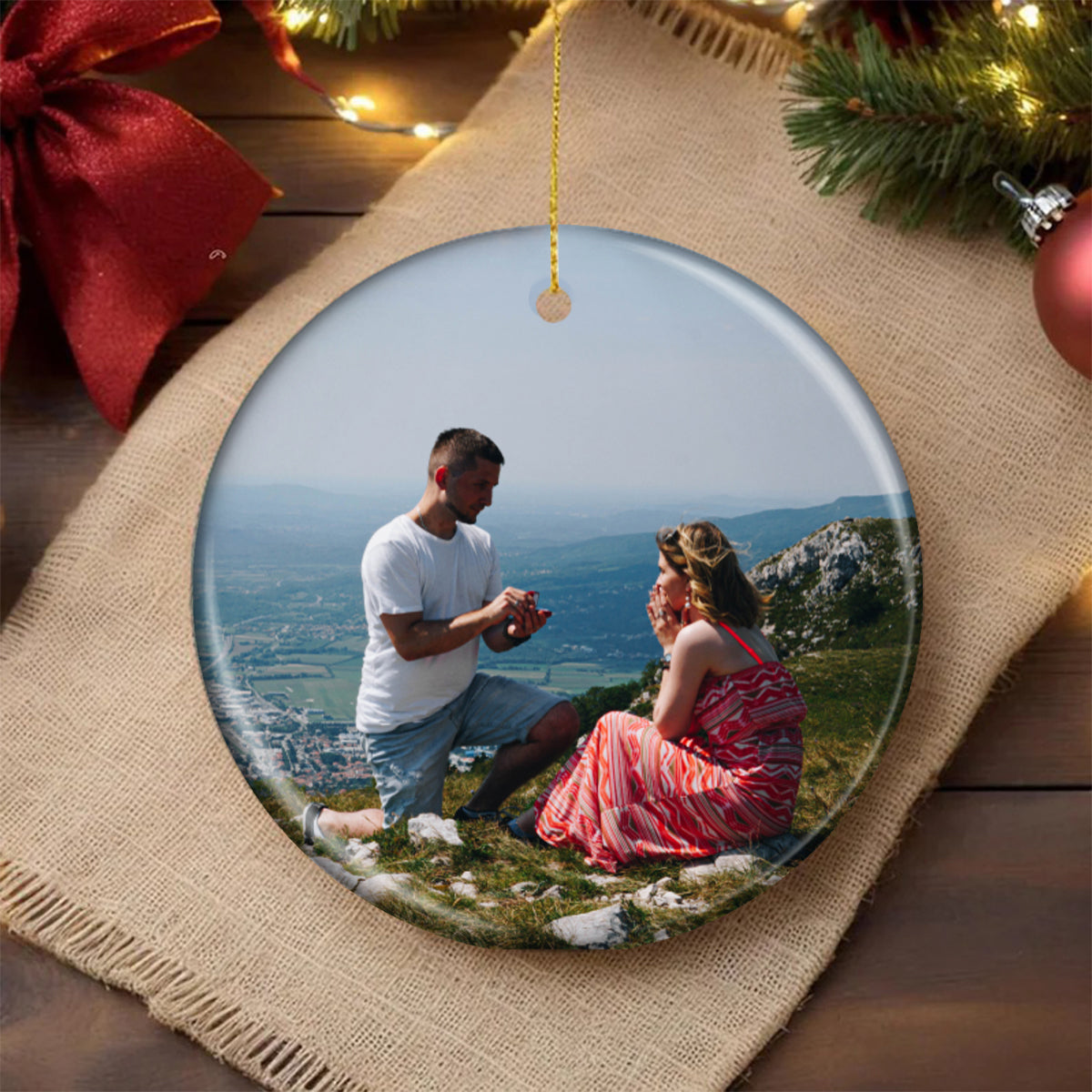 Engagement Ornament - Custom Photo, Location & Map Personalized Ceramic Ornament