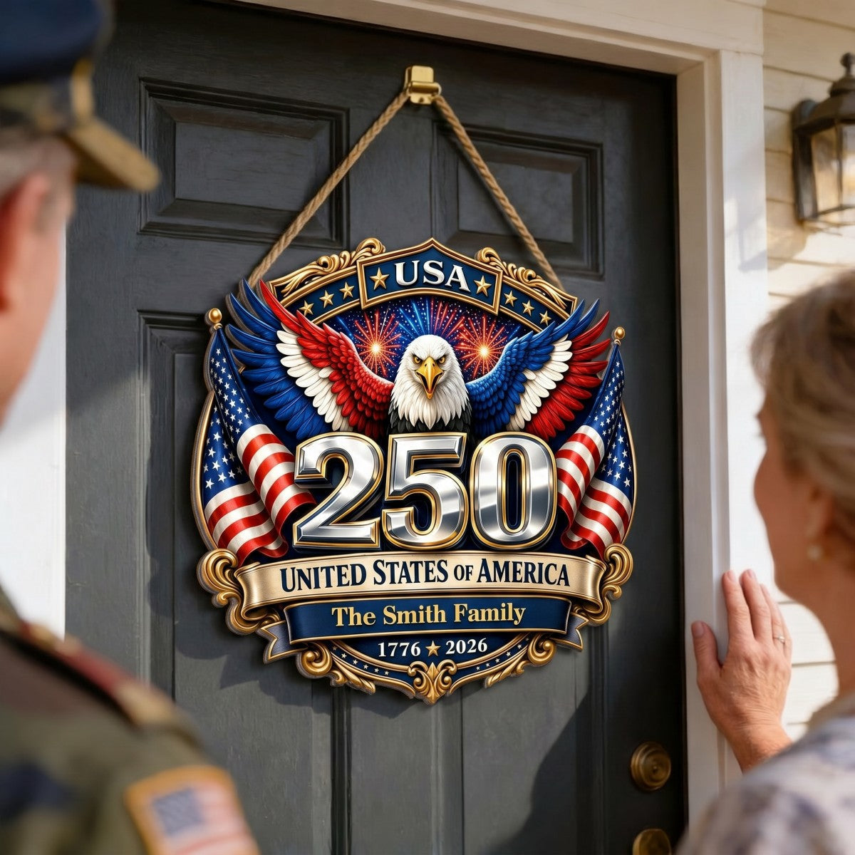 America 250th Anniversary Patriotic Eagle Personalized Wooden Sign, Family Decoration