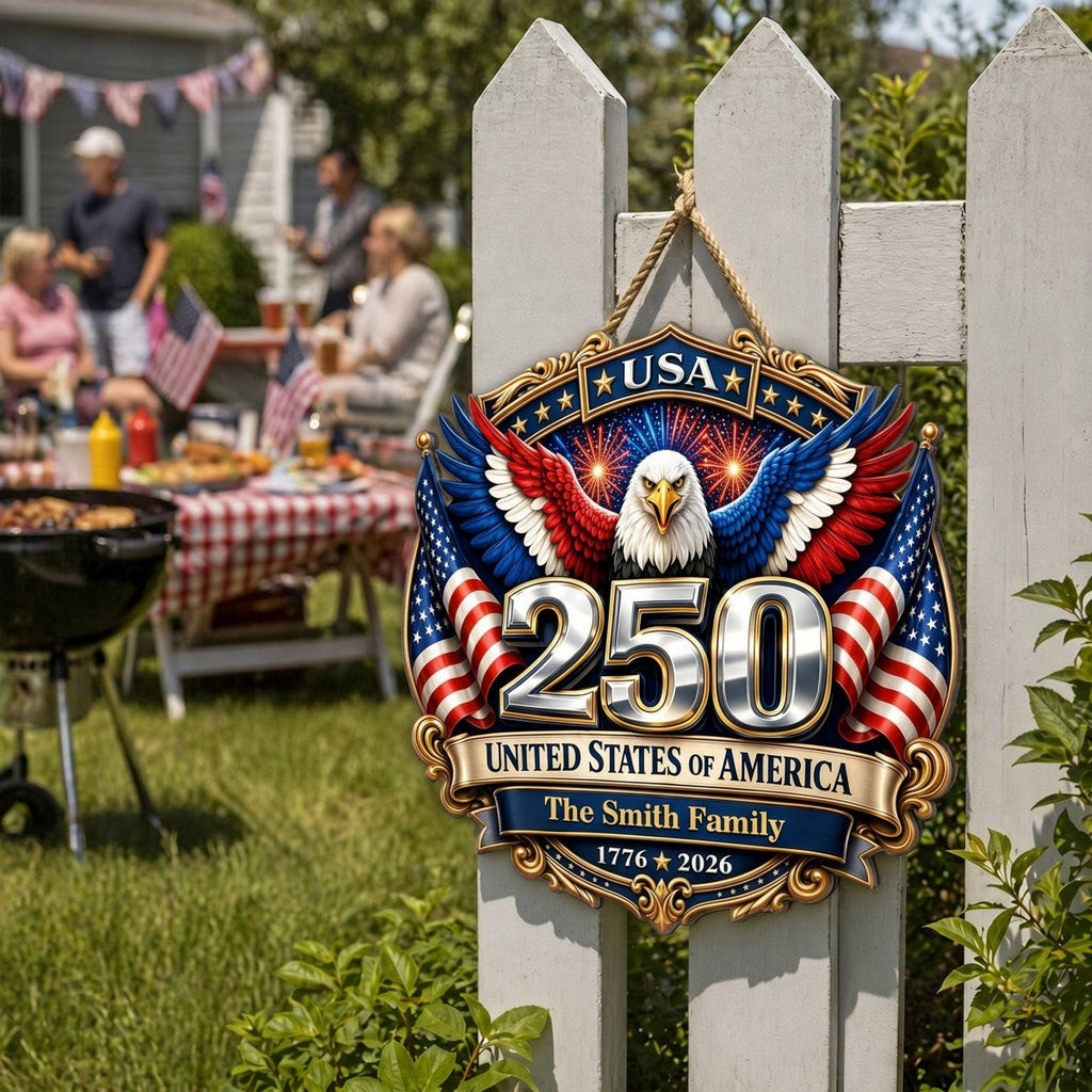 America 250th Anniversary Patriotic Eagle Personalized Wooden Sign, Family Decoration