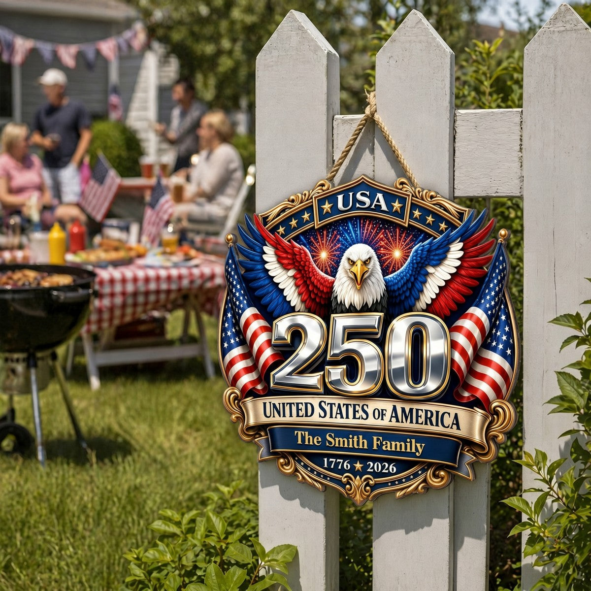 America 250th Anniversary Patriotic Eagle Personalized Wooden Sign, Family Decoration