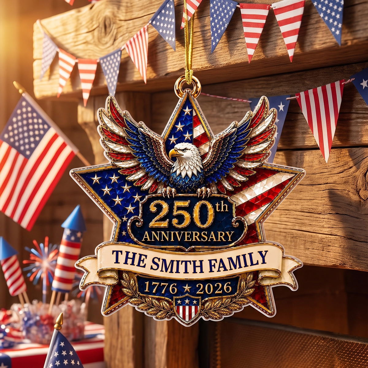 "American Pride Lives On" – 250th Anniversary Eagle Acrylic Ornament | Personalized Family Name Holiday Gift