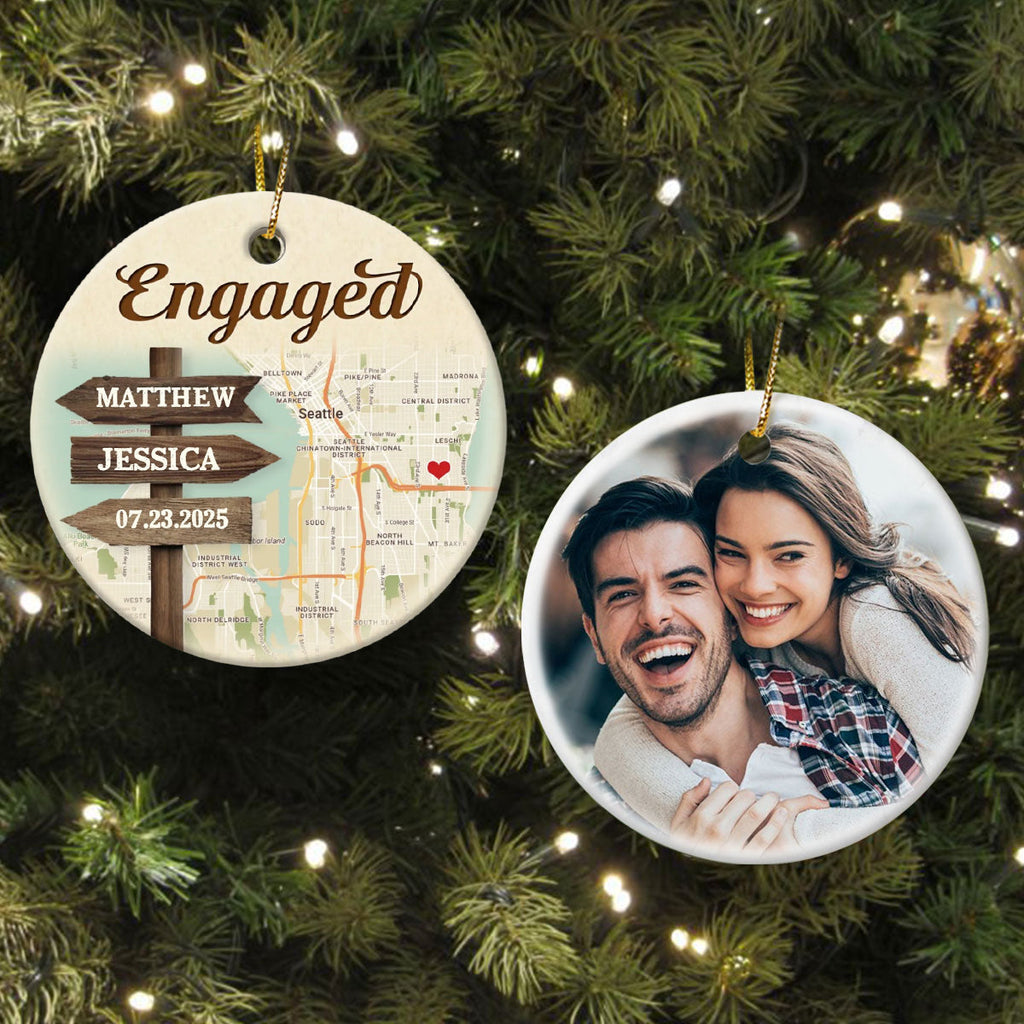 Personalized Signpost Location Map Engagement Ornament - Anniversary Gift For Couples