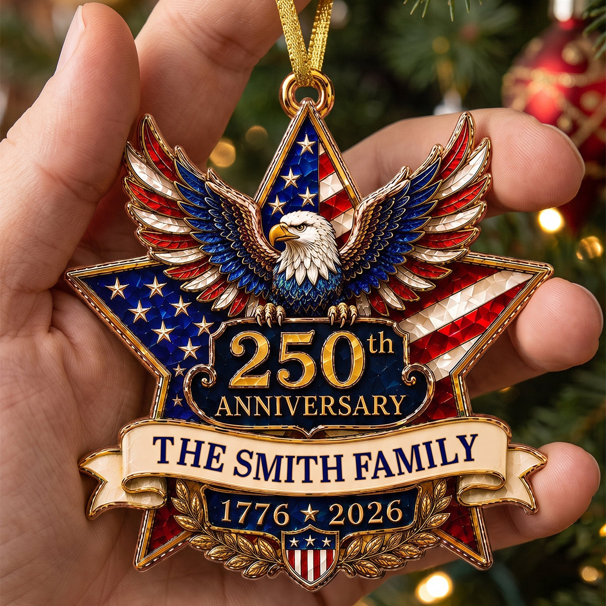 "American Pride Lives On" – 250th Anniversary Eagle Acrylic Ornament | Personalized Family Name Holiday Gift