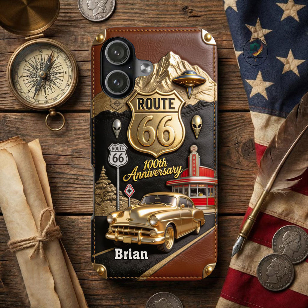 Route 66 100th Anniversary - Personalized Car Lover Leather Phone Case