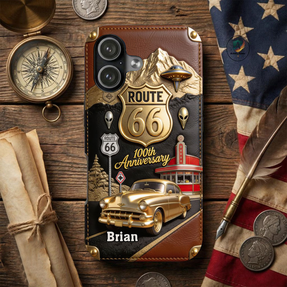 Route 66 100th Anniversary - Personalized Car Lover Leather Phone Case