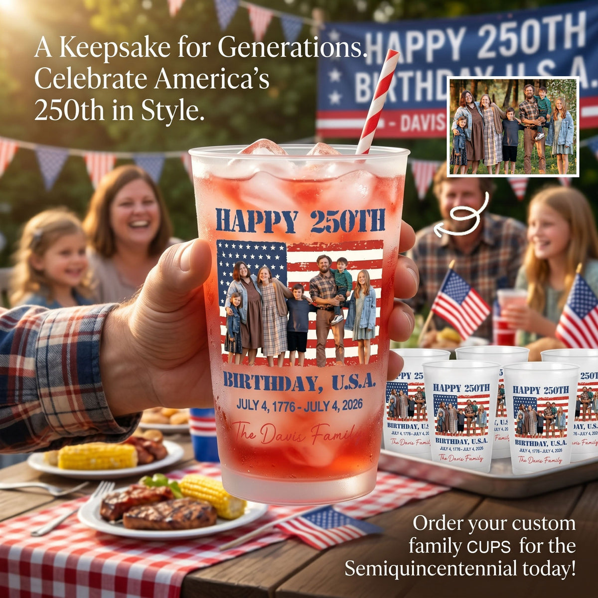 Custom Photo & Family Name Happy 250th Birthday USA - Personalized Frosted Cups