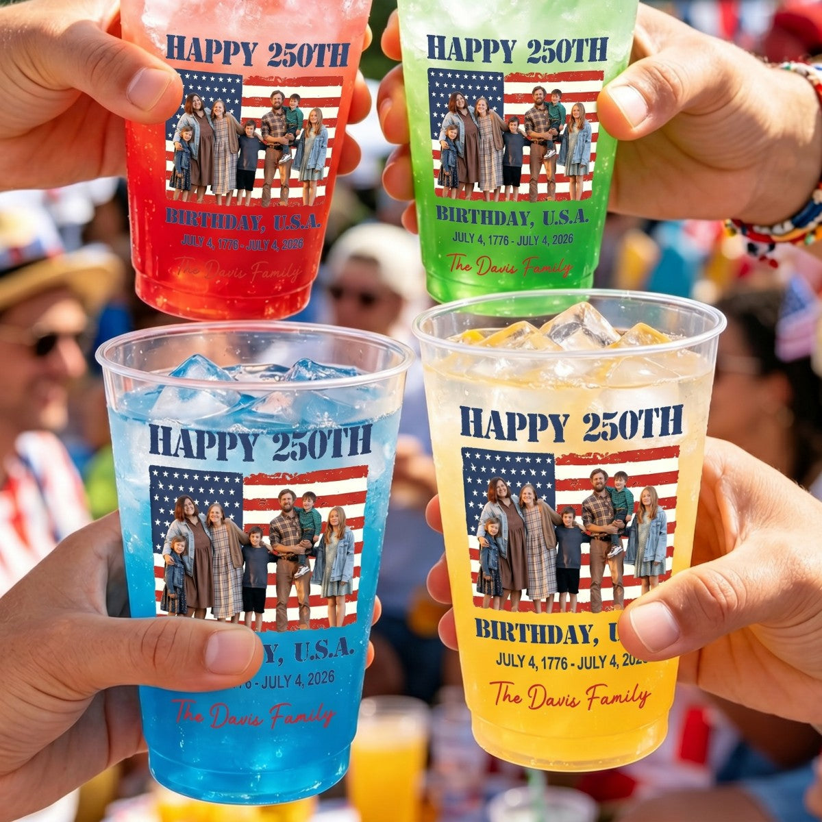 Custom Photo & Family Name Happy 250th Birthday USA - Personalized Frosted Cups