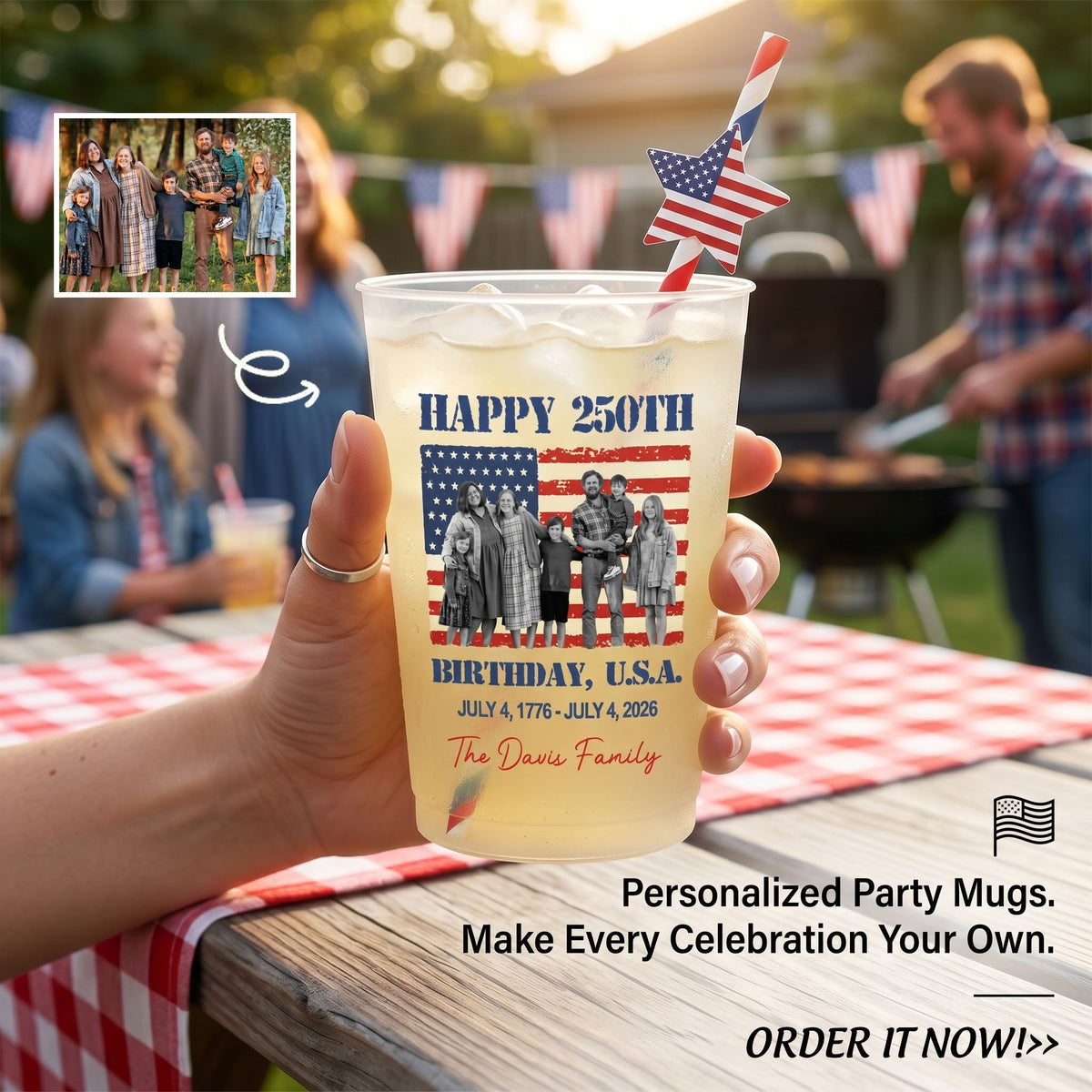 Custom Photo & Family Name Happy 250th Birthday USA - Personalized Frosted Cups