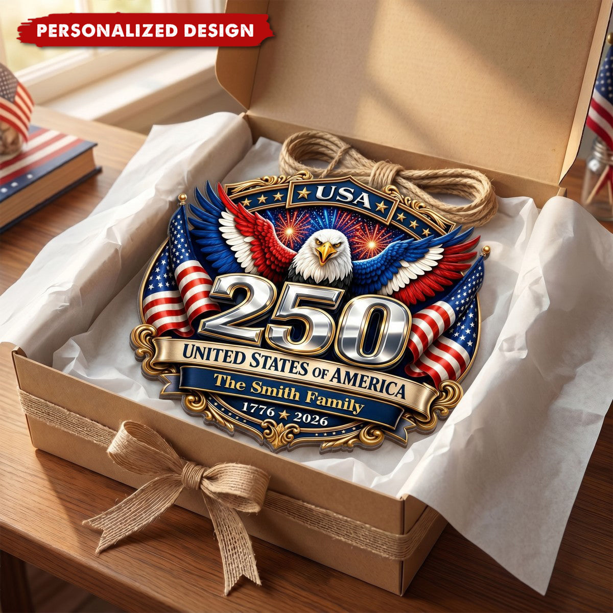 America 250th Anniversary Patriotic Eagle Personalized Wooden Sign, Family Decoration